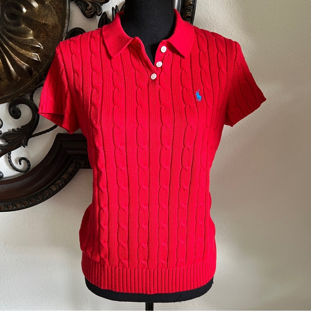 Ralph Lauren Women’s Red 100% Cotton Cable Knit Short Sleeve Sweater XL - Picture 14 of 14